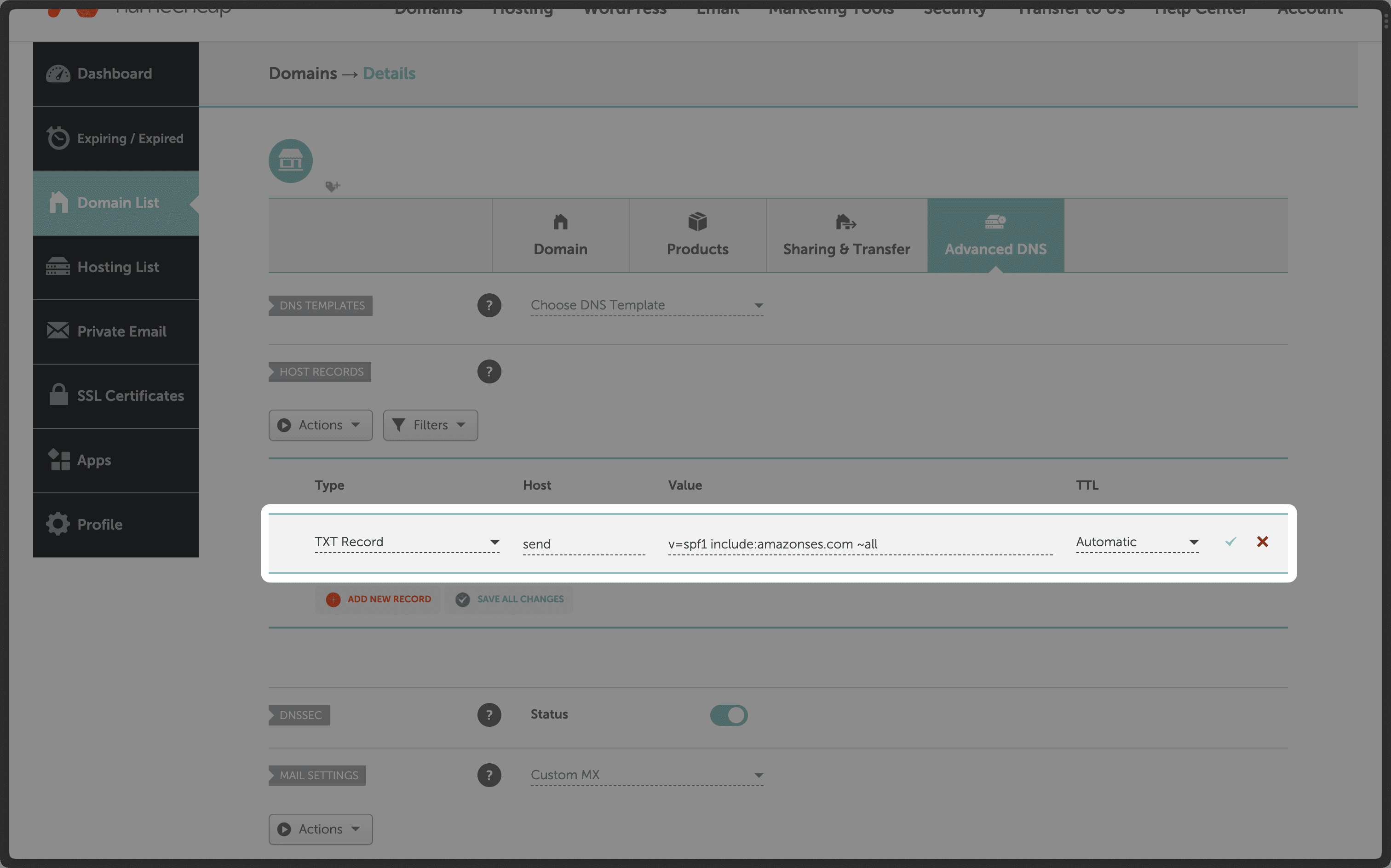 Namecheap DNS txt example