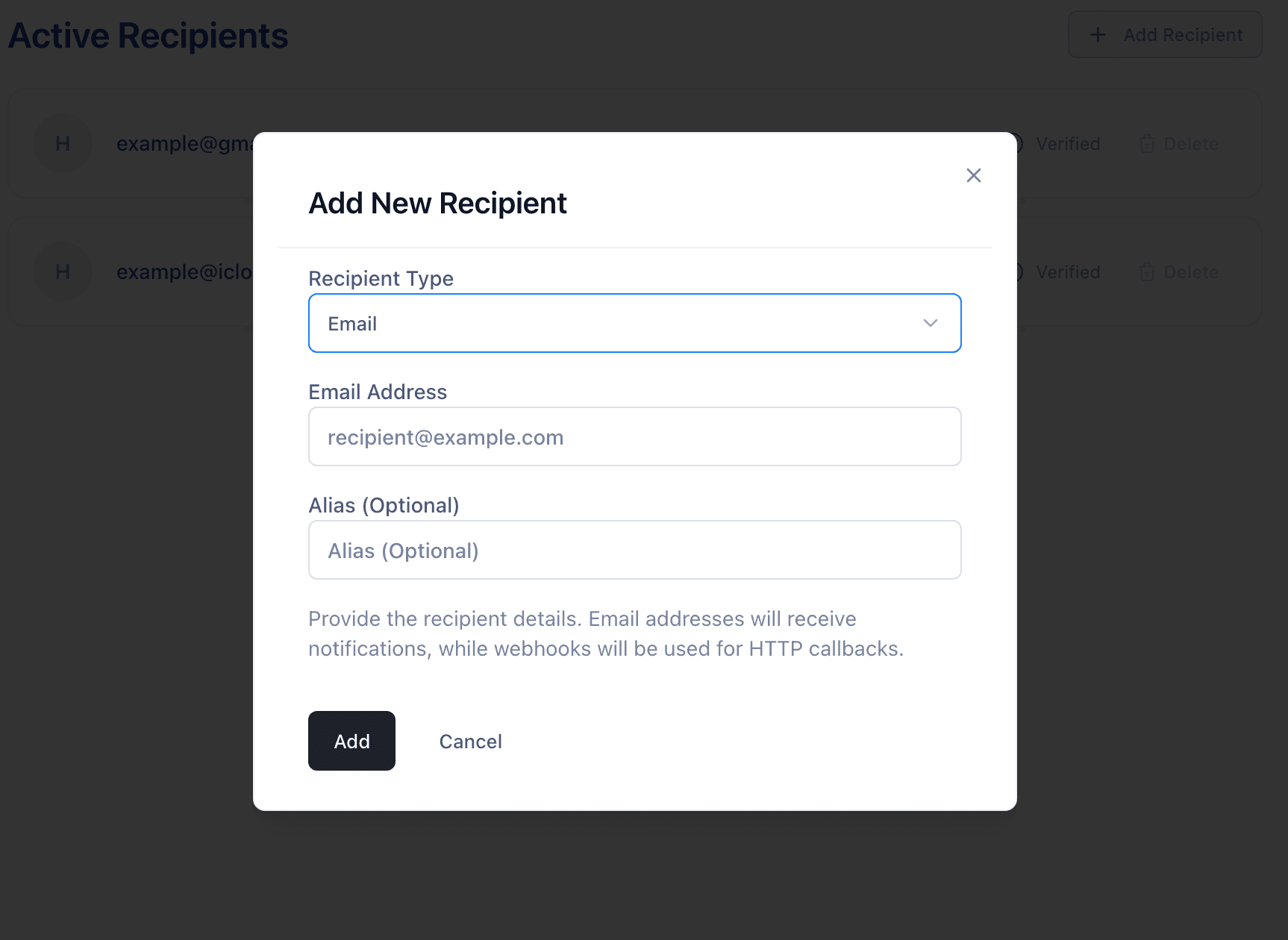 Add recipient modal