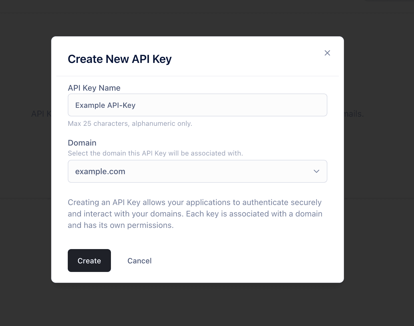 Create API Key modal