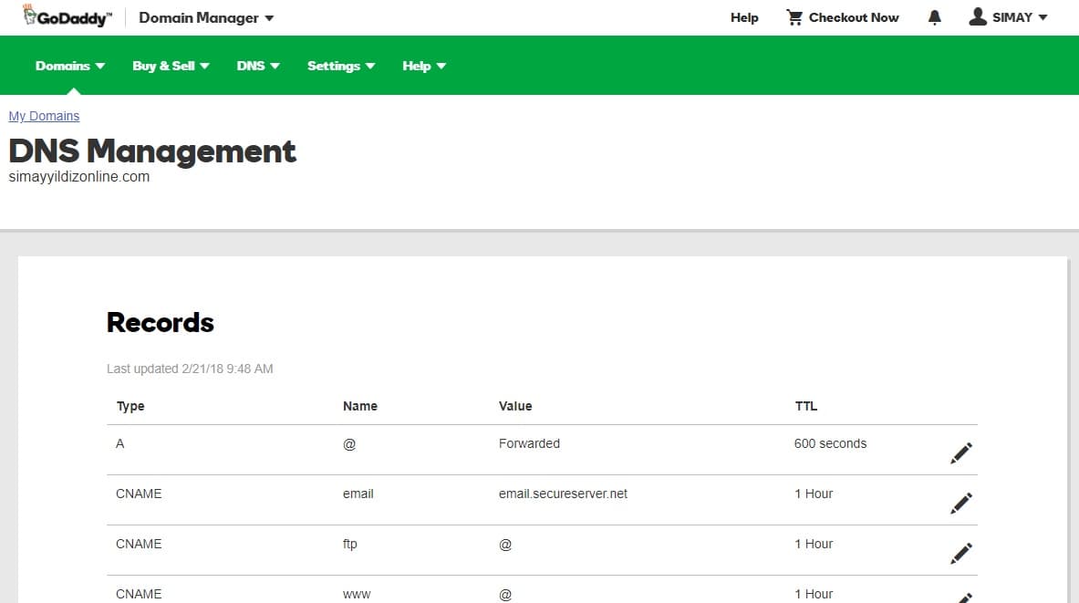 DNS management in GoDaddy
