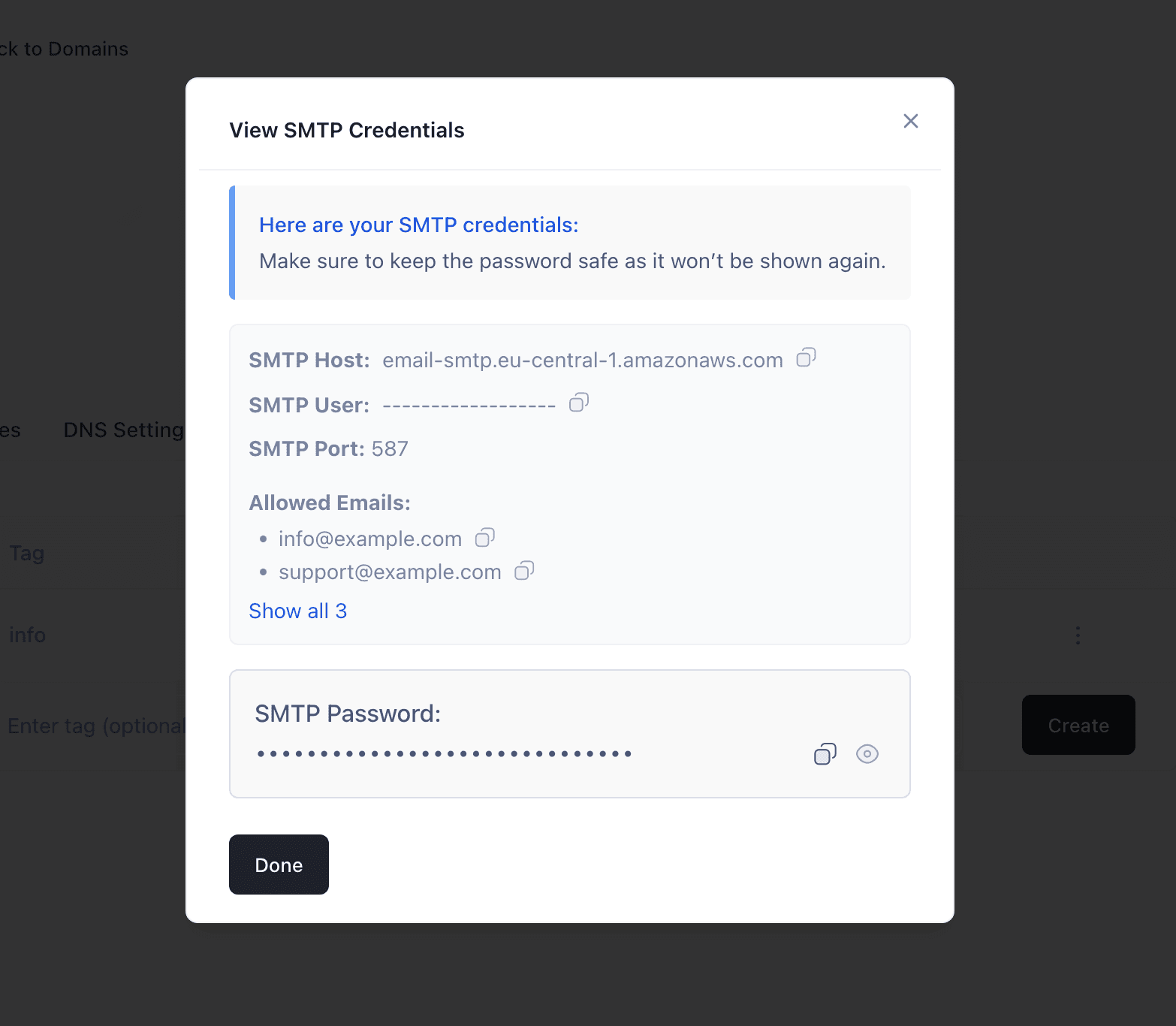 SMTP credentials modal